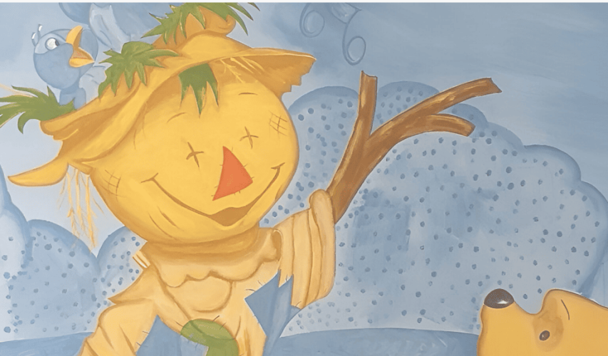 Pintura mural infantil de Winnie the Pooh y espantapájaros en tonos suaves.